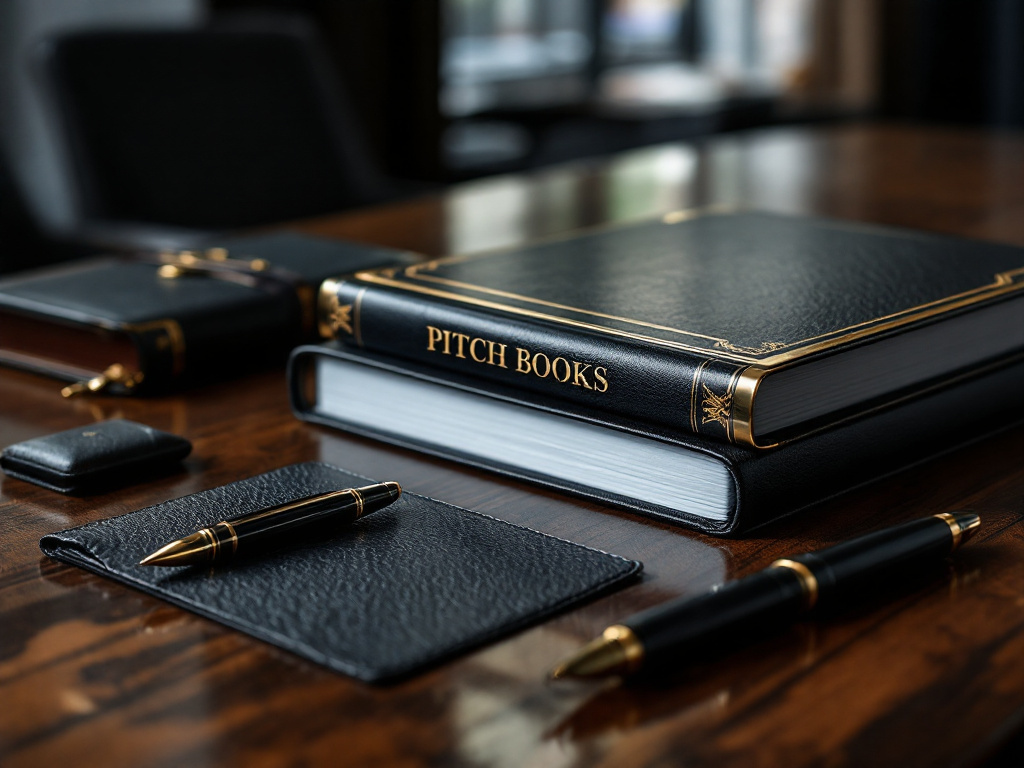 Embossed pitch books and leather folio on a boardroom table — corporate printing NYC