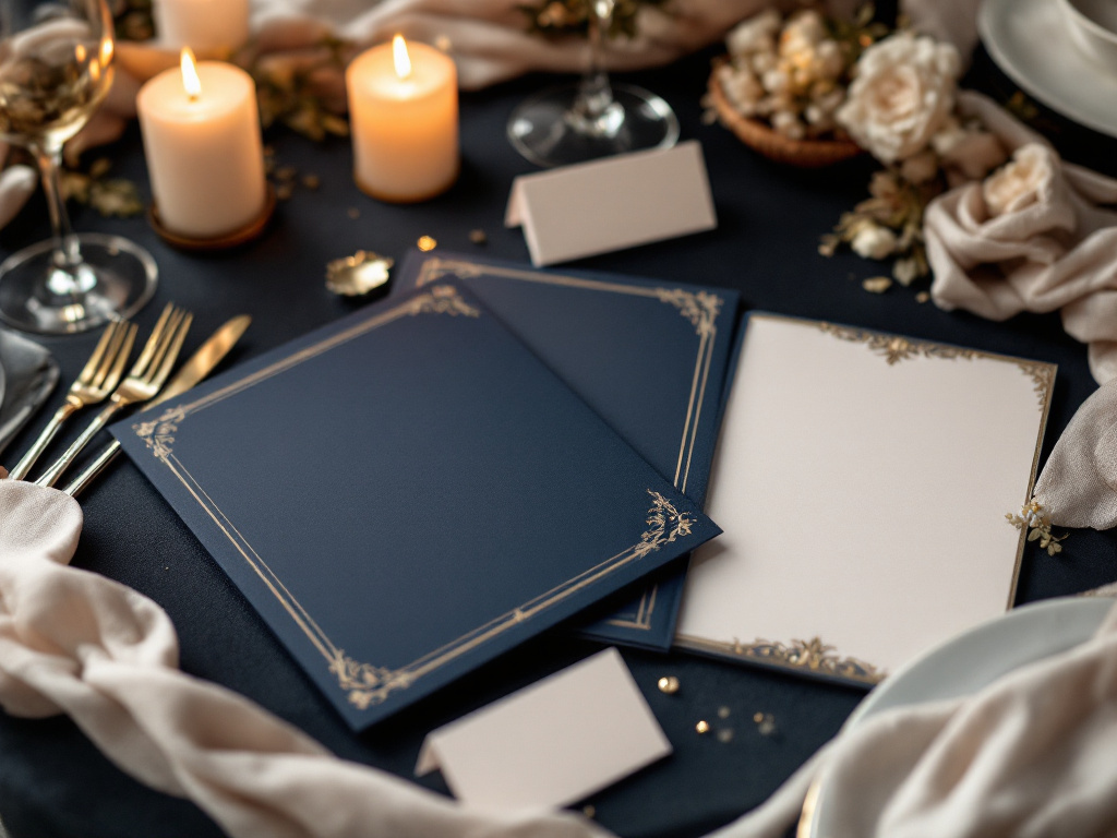 Corporate gala print suite — navy invitation with gold border, place cards, and program