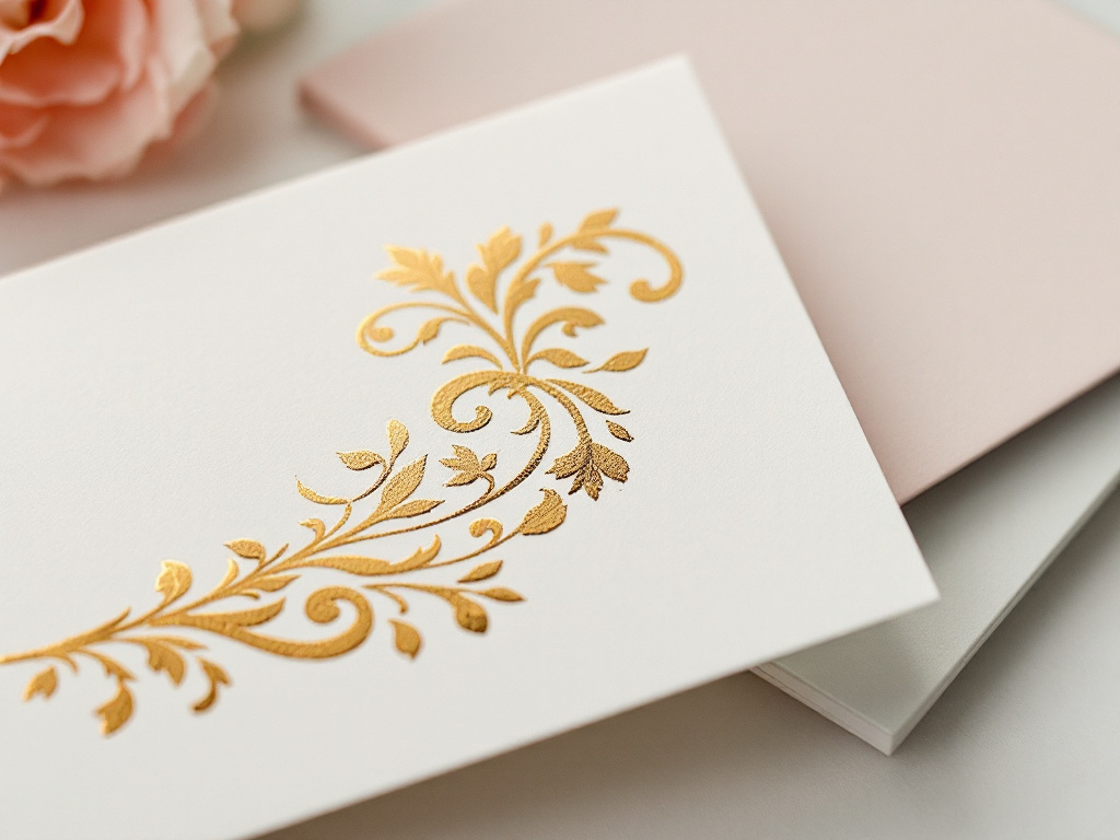 Gold foil flourish, letterpress impression, and painted-edge cards for wedding stationery