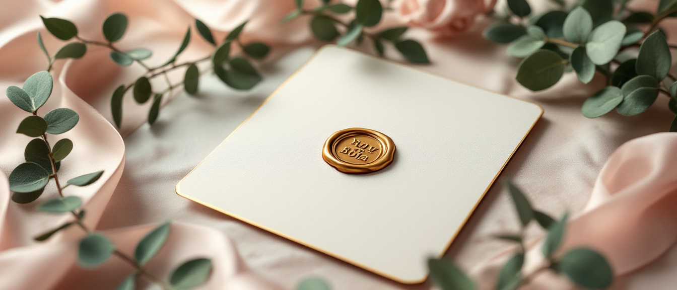 Elegant wedding invitation suite with gold wax seal and blush ribbon — event printing NYC