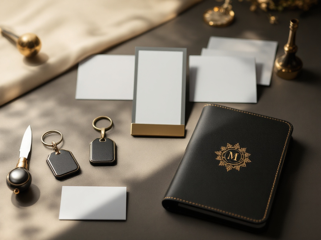 Boutique hotel print suite — key-card holders, guest compendium, and welcome cards