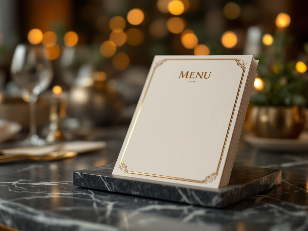 Fresh stack of gold-bordered menus on a marble host stand ready for evening service