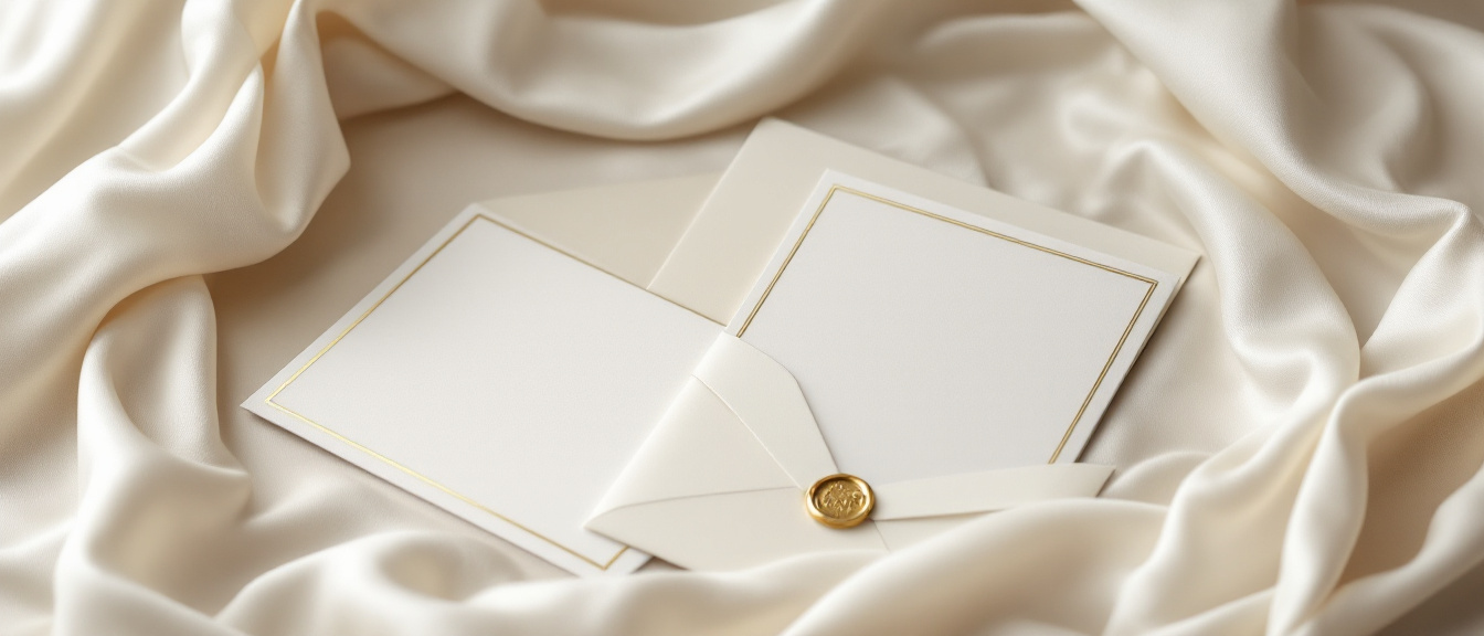 Luxury wedding invitation suite with gold foil borders and wax seal, printed by VSL Print NYC