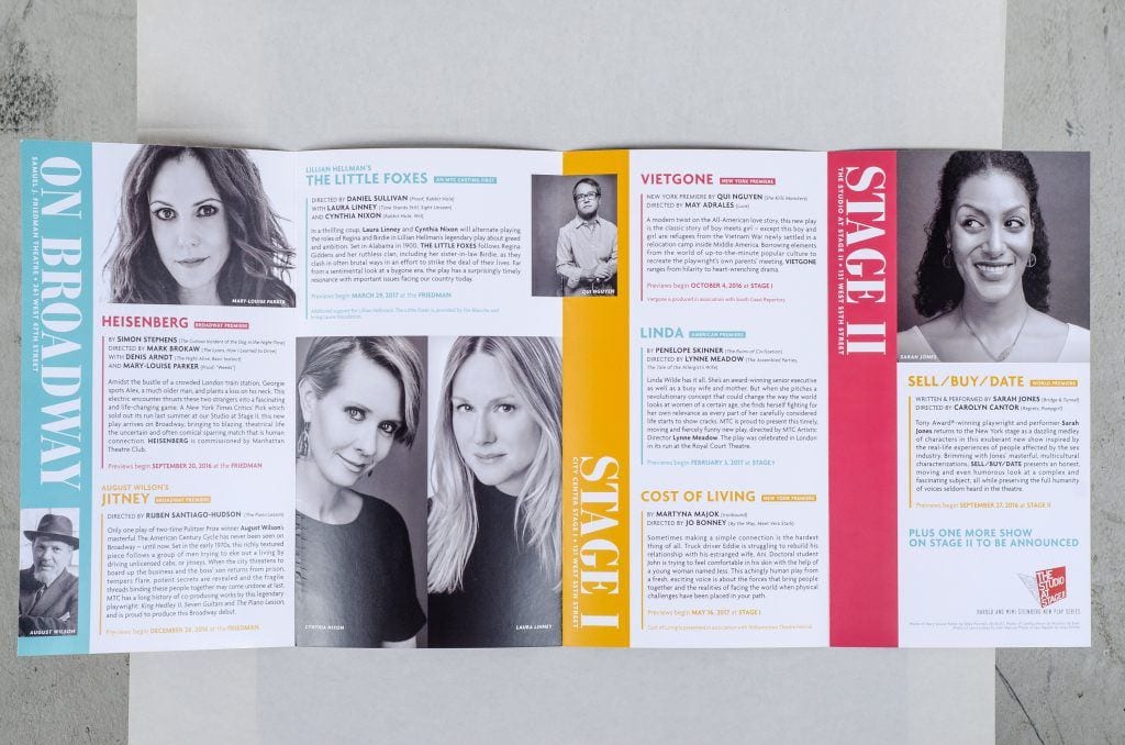 Colorful Broadway season brochure printed in-house by VSL Print NYC