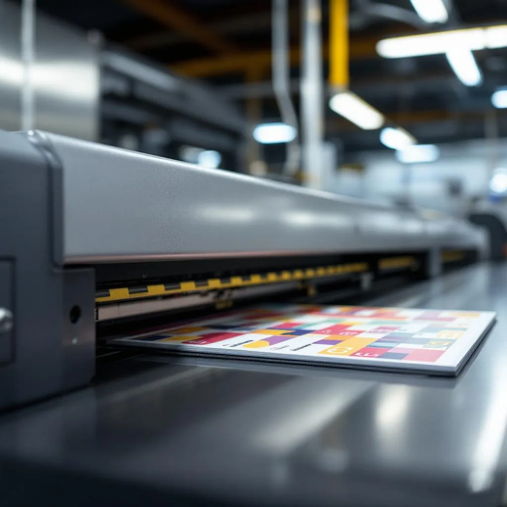 High-speed digital printing press producing colorful brochures in NYC print shop