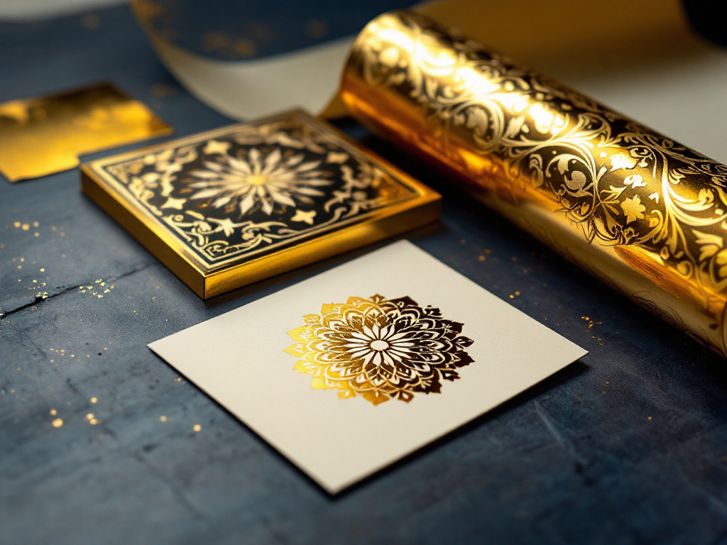 Engraved brass foil stamping die, gold foil roll, and freshly stamped card at VSL Print NYC