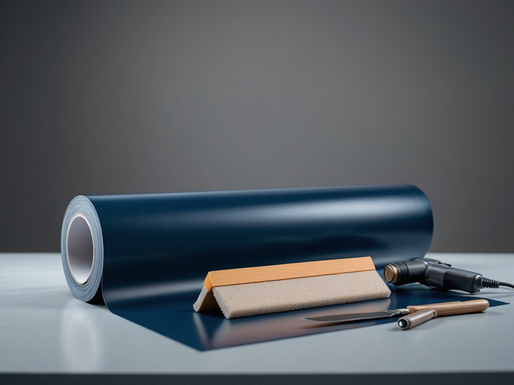 Vehicle wrap vinyl roll, felt-edge squeegee, and heat gun ready for installation at VSL Print NYC