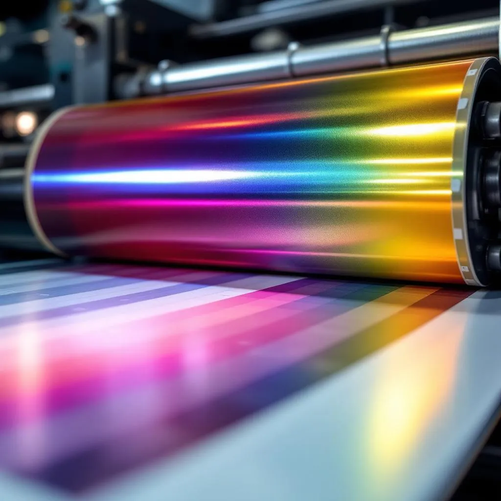 Pantone color-matched offset printing press with CMYK ink rollers